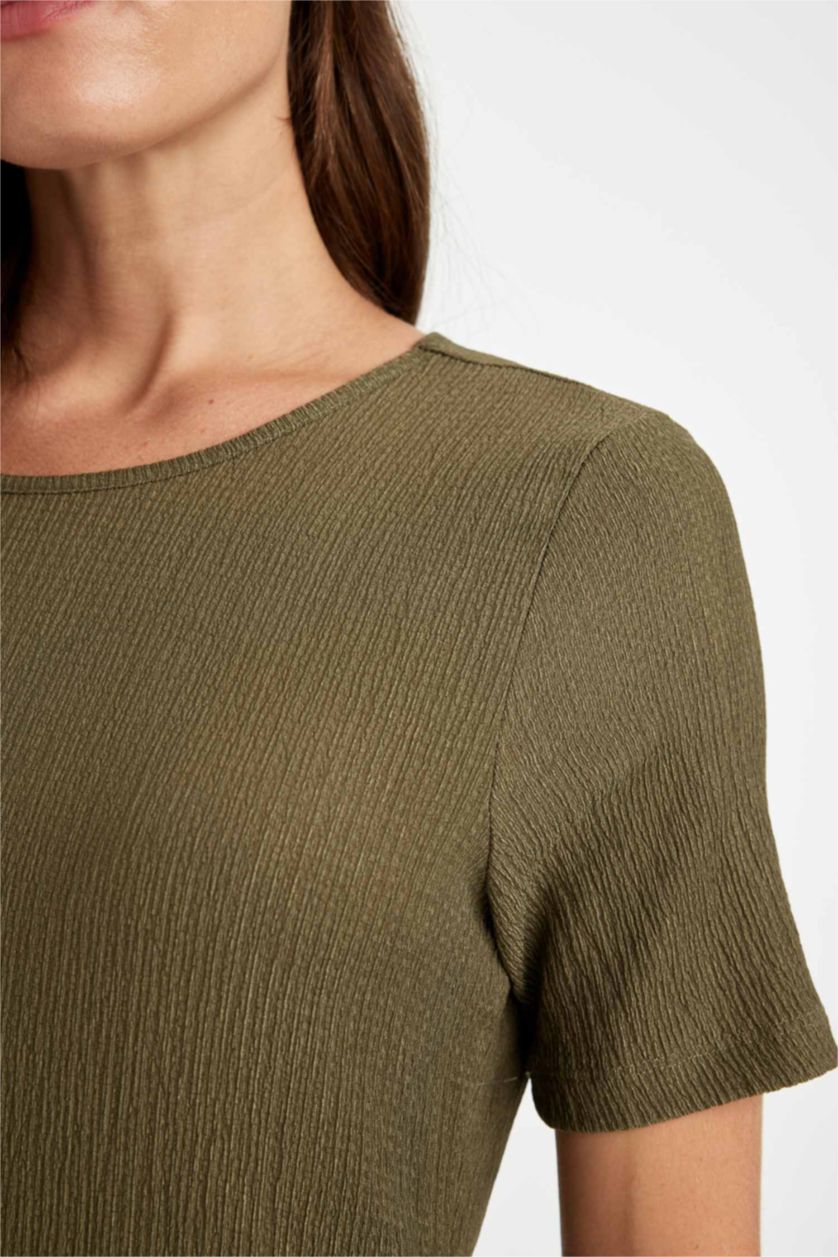 WOMAN Dark Khaki Flare Fit Crew Neck Crepe Midi Dress