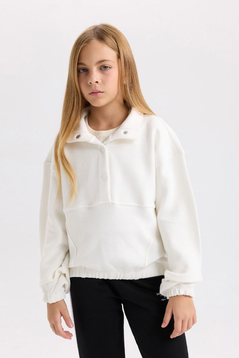 GIRLS & TEENS Ecru Girl Relax Fit Stand-Up Collar Basic Sweatshirt