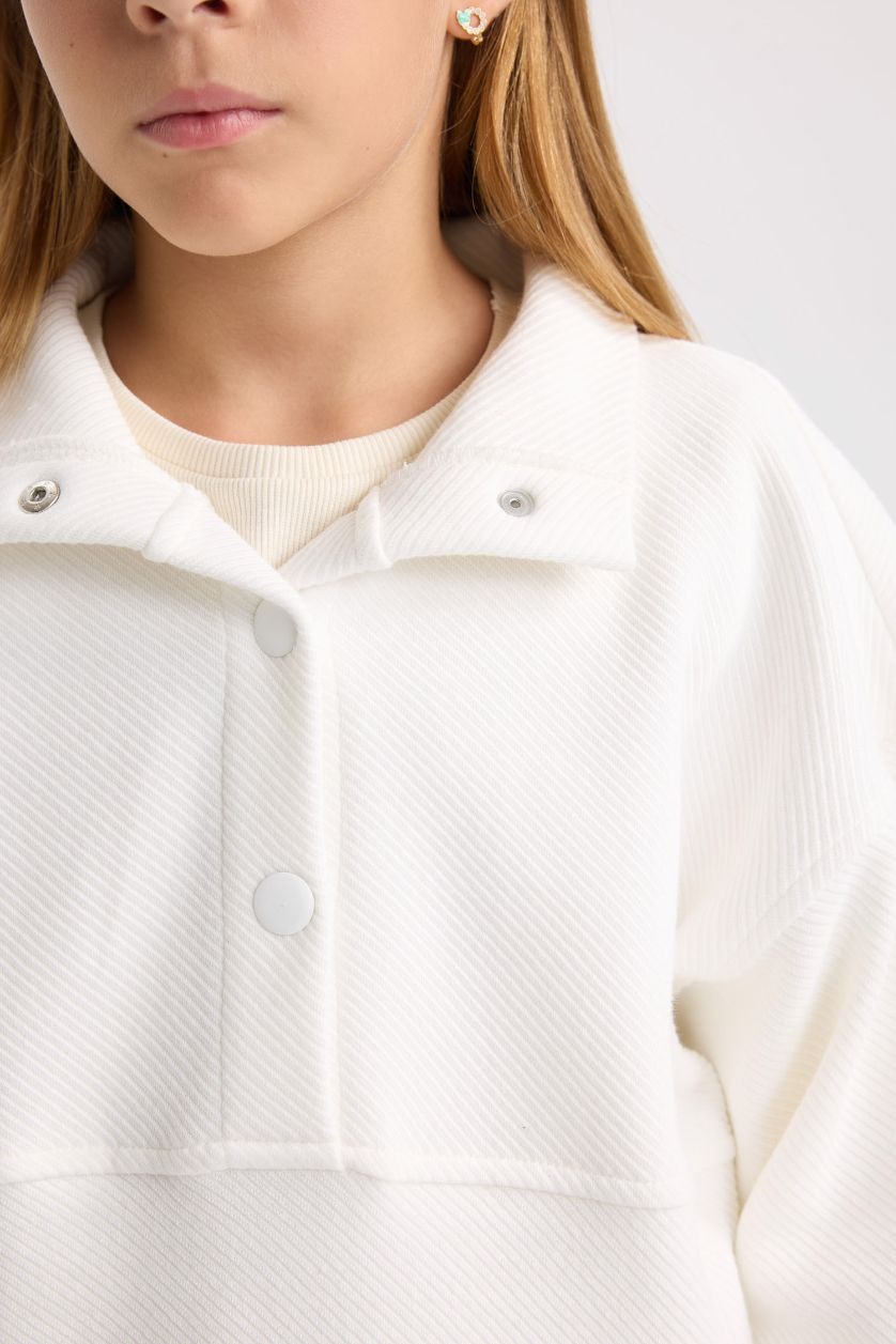 GIRLS & TEENS Ecru Girl Relax Fit Stand-Up Collar Basic Sweatshirt