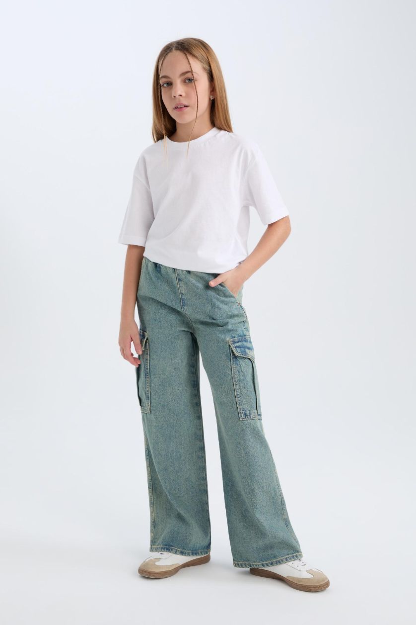 Kız Çocuk - Genç Kız Açık Mavi Kargo Cepli Wide Leg Geniş Bol Paça Jean Pantolon Kız Çocuk