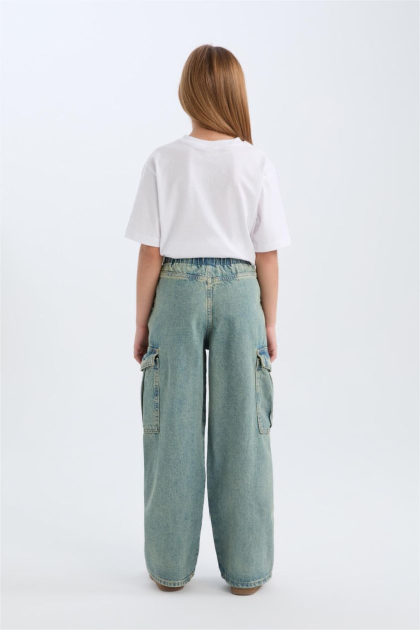 Kız Çocuk - Genç Kız Açık Mavi Kargo Cepli Wide Leg Geniş Bol Paça Jean Pantolon Kız Çocuk