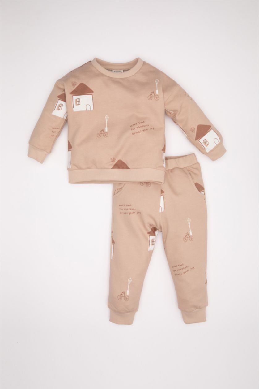 Baby Boy Beige Baby Boy Patterned Sweatshirt Sweatpants 2 Piece Set