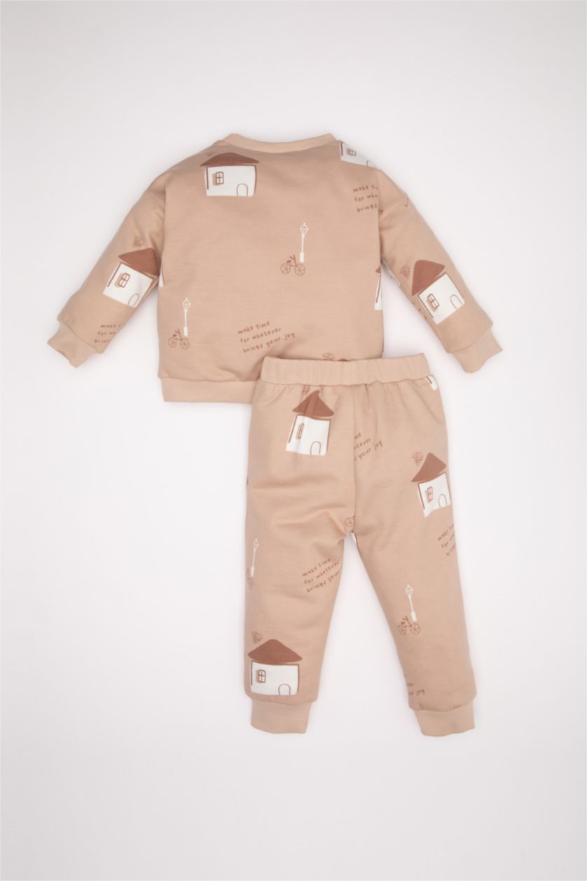 Baby Boy Beige Baby Boy Patterned Sweatshirt Sweatpants 2 Piece Set