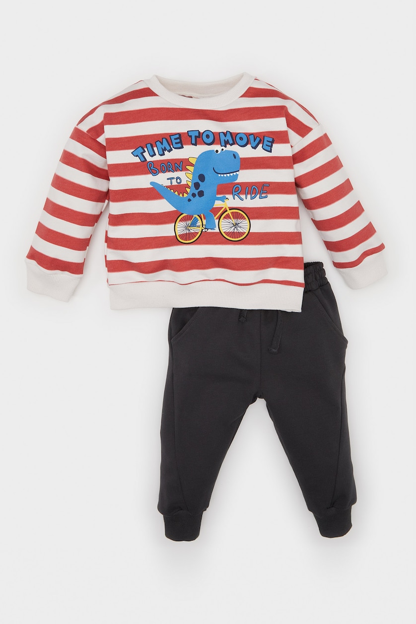 Erkek Bebek Kiremit Erkek Bebek 2'li Takım Çizgili Dinozor Baskılı Sweatshirt Beli Lastikli Eşofman Altı