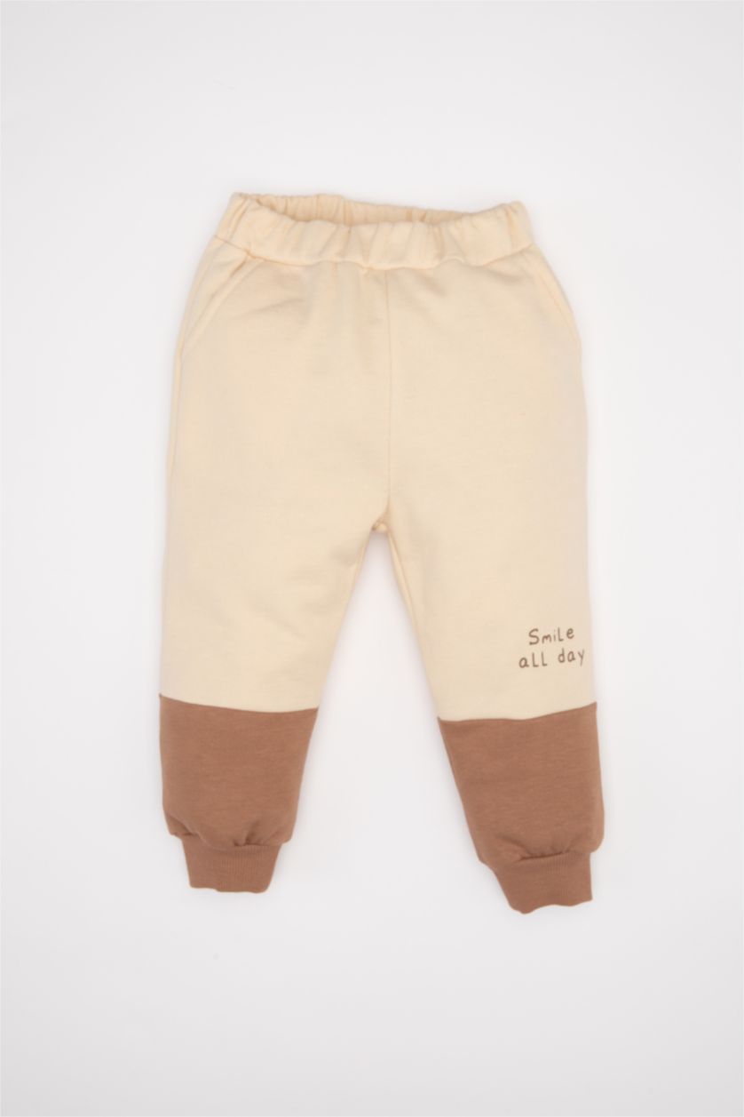 Erkek Bebek Bej Erkek Bebek 2'li Takım Kapüşonlu Baskılı Sweatshirt Beli Lastikli Jogger Eşofman Altı