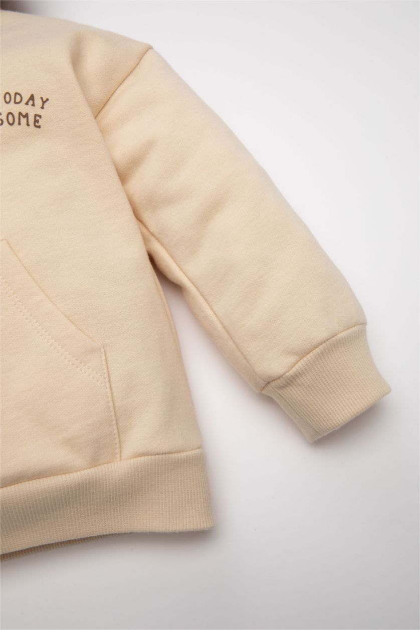 Erkek Bebek Bej Erkek Bebek 2'li Takım Kapüşonlu Baskılı Sweatshirt Beli Lastikli Jogger Eşofman Altı