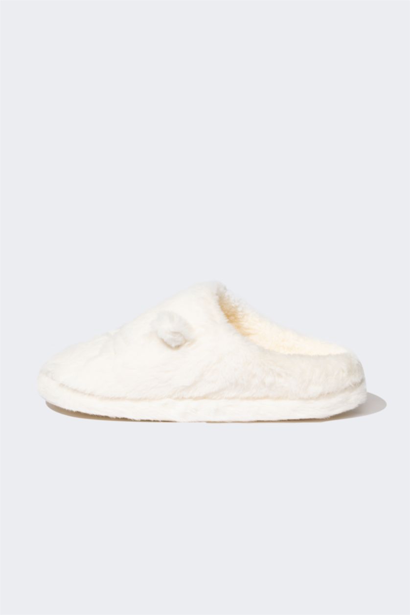 Kadın Kırık Beyaz Kadın Kedi Temalı Düz Taban Pelüş Ev Terliği