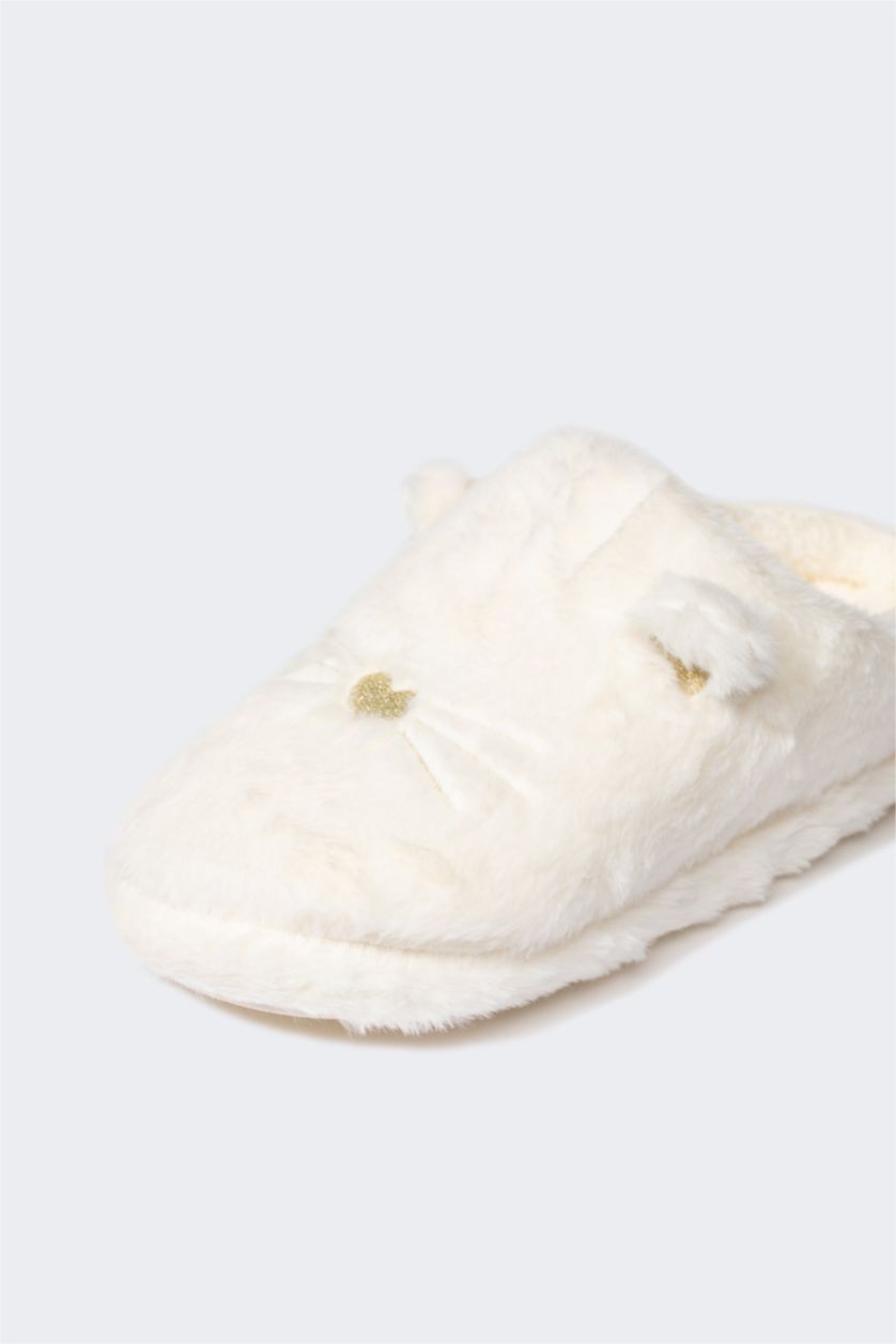 Kadın Kırık Beyaz Kadın Kedi Temalı Düz Taban Pelüş Ev Terliği