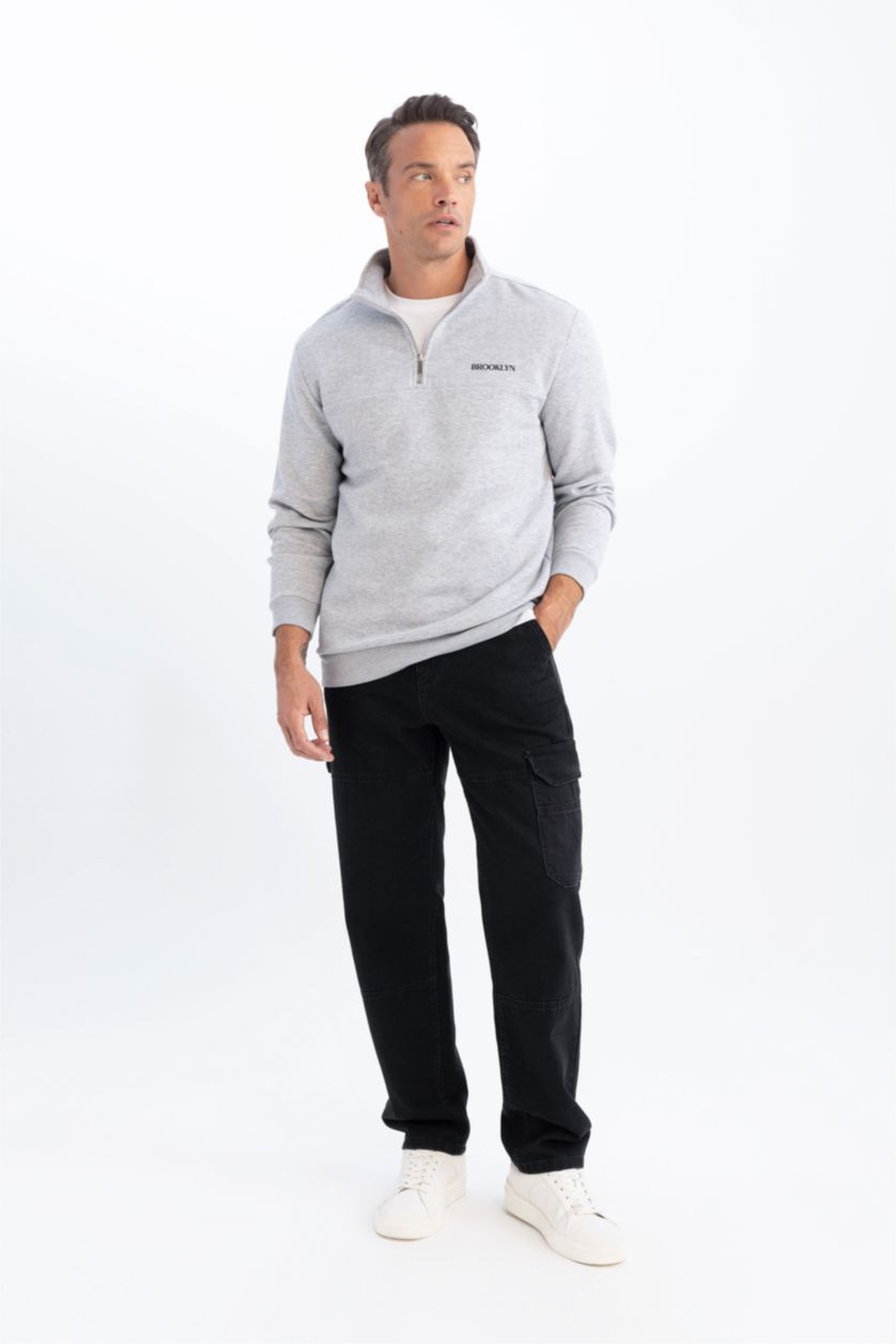 Erkek Gri Melanj Relax Fit Dik Yaka Fermuarlı Baskılı Kalın Sweatshirt