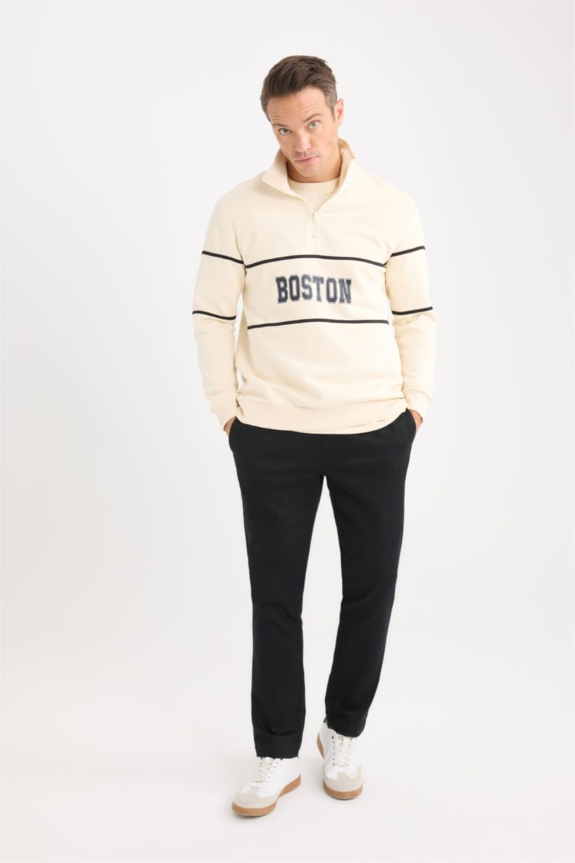 Erkek Açık Taş Relax Fit Dik Yaka Fermuarlı Baskılı Kalın Sweatshirt