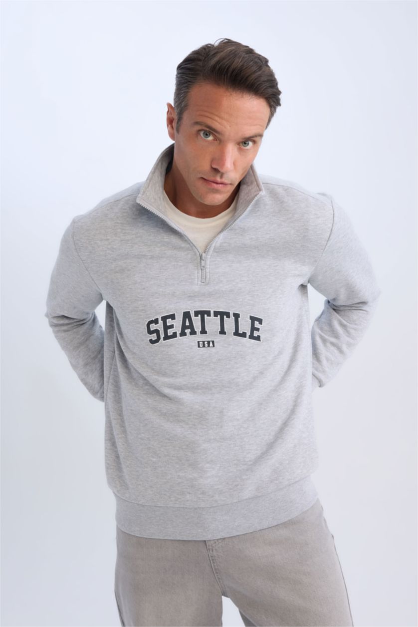 Erkek Gri Melanj Relax Fit Fermuarlı Dik Yaka Baskılı Kalın Sweatshirt