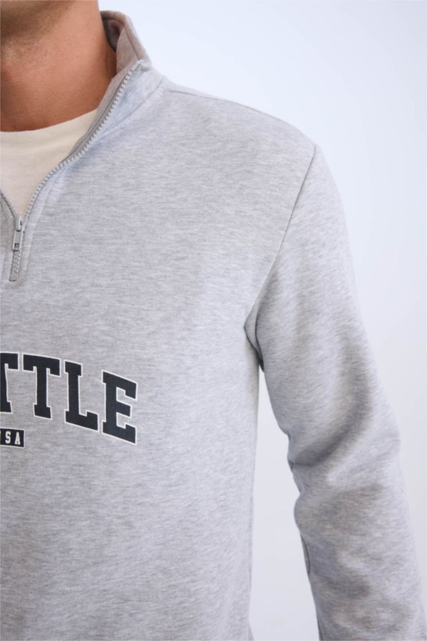 Erkek Gri Melanj Relax Fit Fermuarlı Dik Yaka Baskılı Kalın Sweatshirt