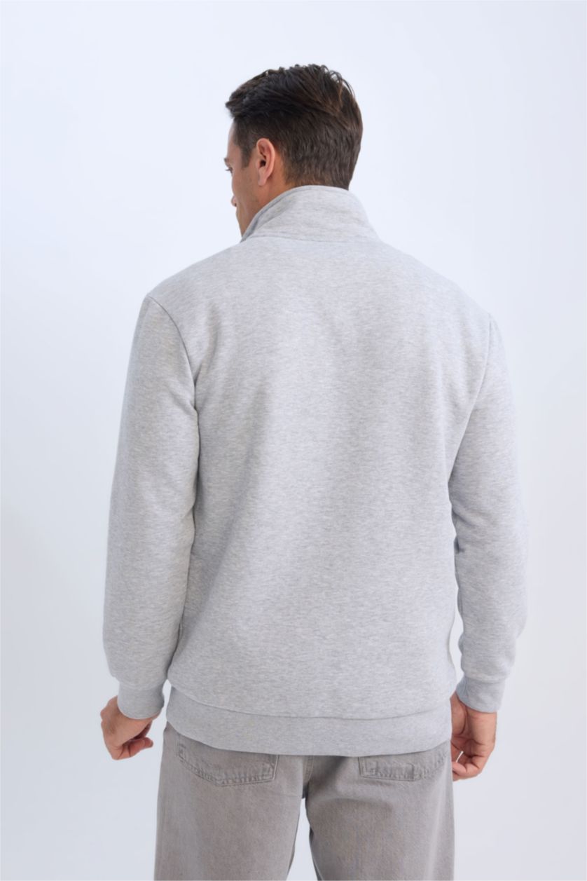 Erkek Gri Melanj Relax Fit Fermuarlı Dik Yaka Baskılı Kalın Sweatshirt