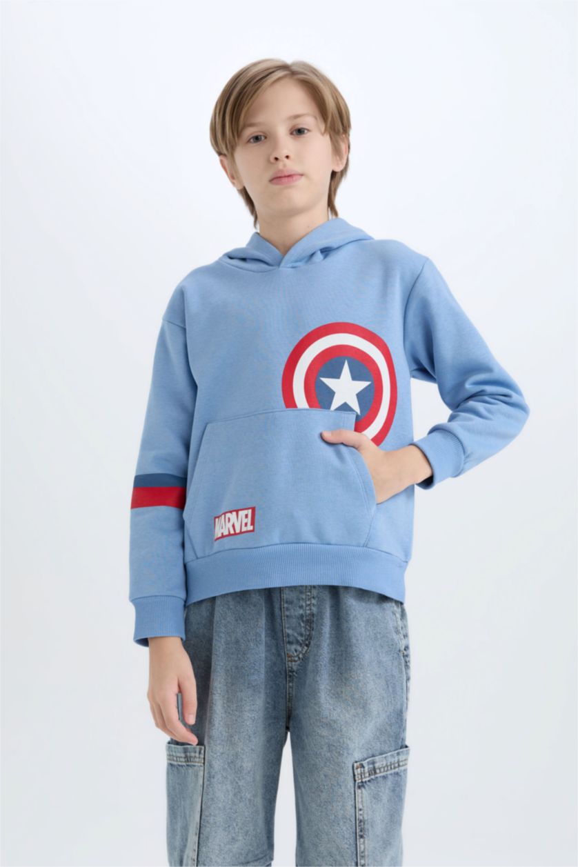 Erkek Çocuk - Genç Erkek Mavi Marvel Avengers Kapüşonlu Sweatshirt Erkek Çocuk