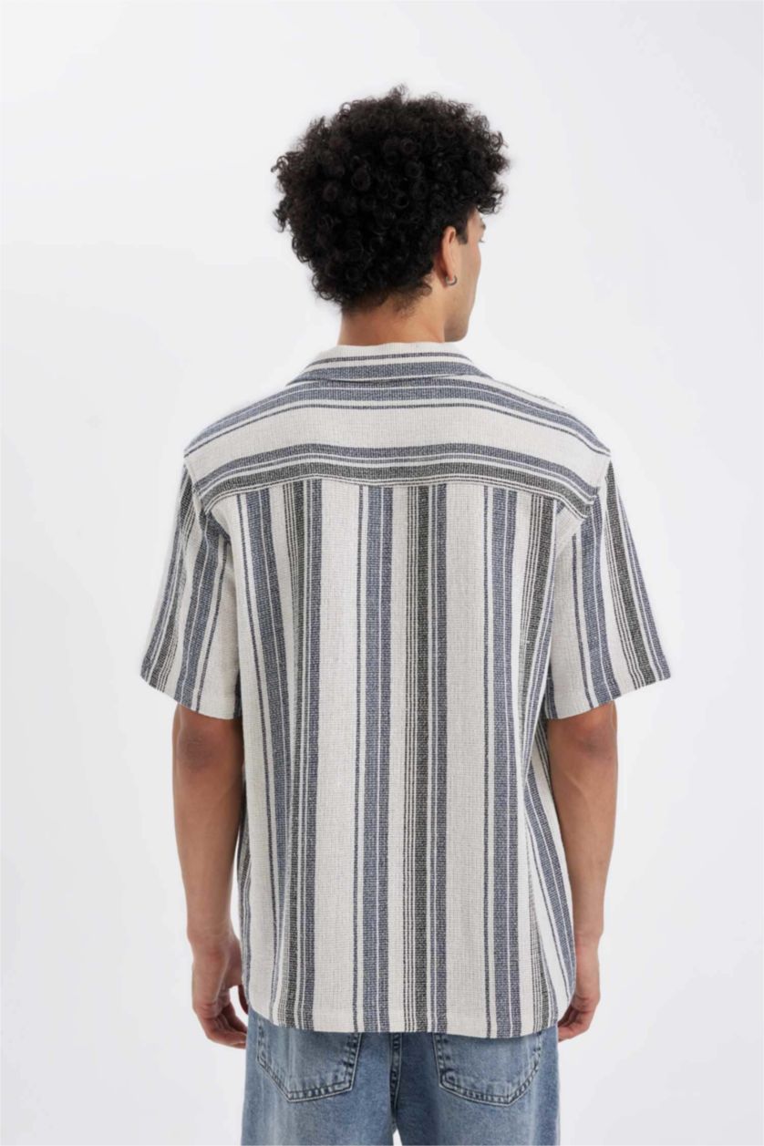 Erkek Lacivert Regular Fit Yazlık Apaş Yaka Kısa Kollu Gömlek