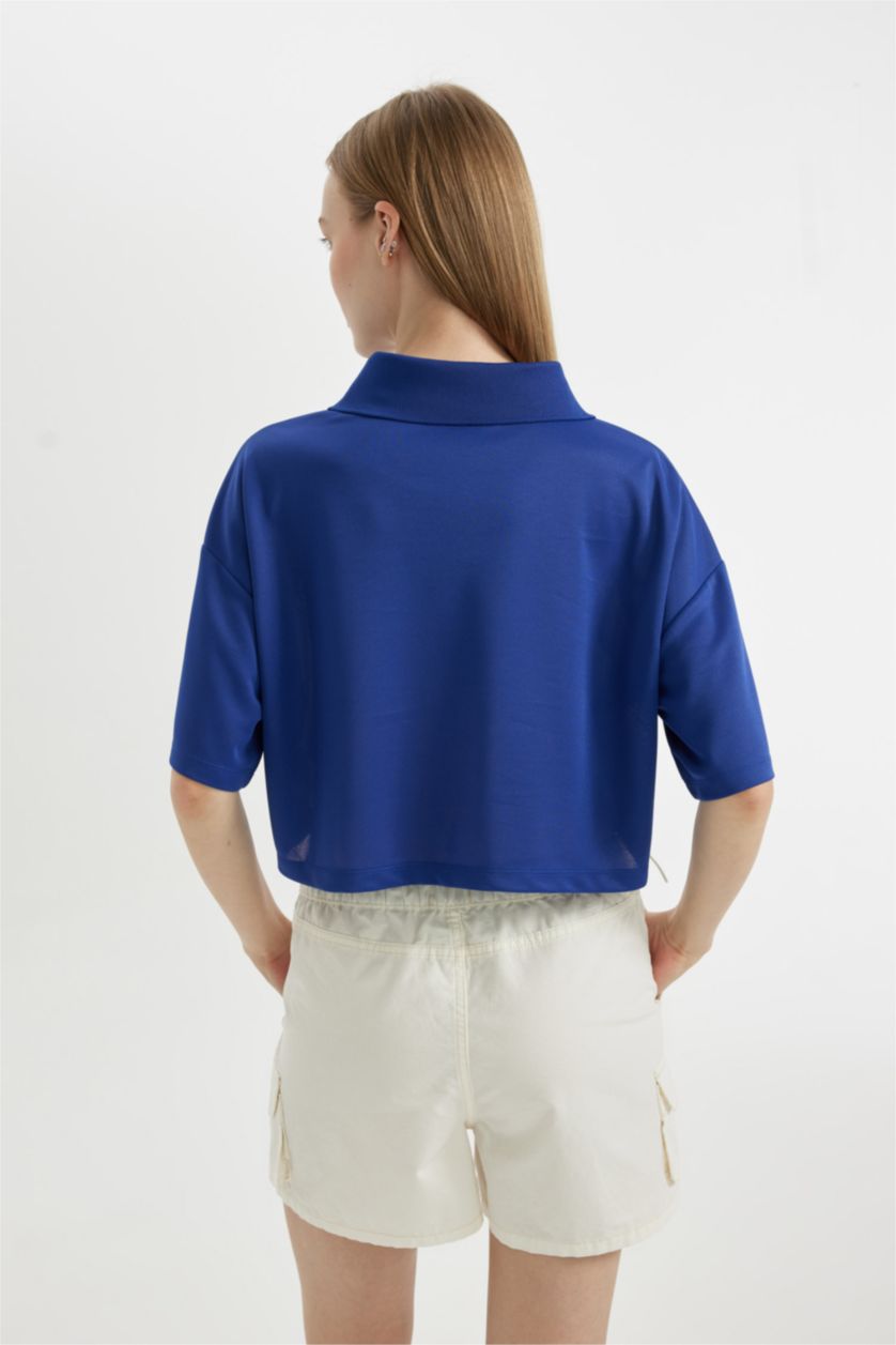 Kadın Saks Oversıze Polo Yaka Baskılı Kısa Kollu Tişört