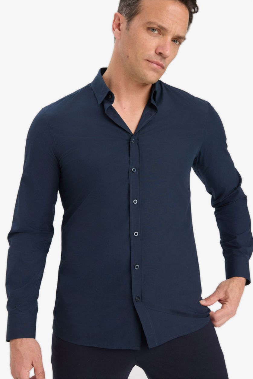 Мужчины Синий Рубашка slim fit с длинными узкими рукавами и поло-воротником из поплина