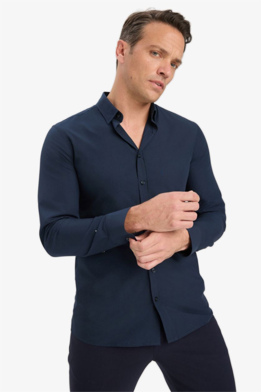 Мужчины Синий Рубашка slim fit с длинными узкими рукавами и поло-воротником из поплина