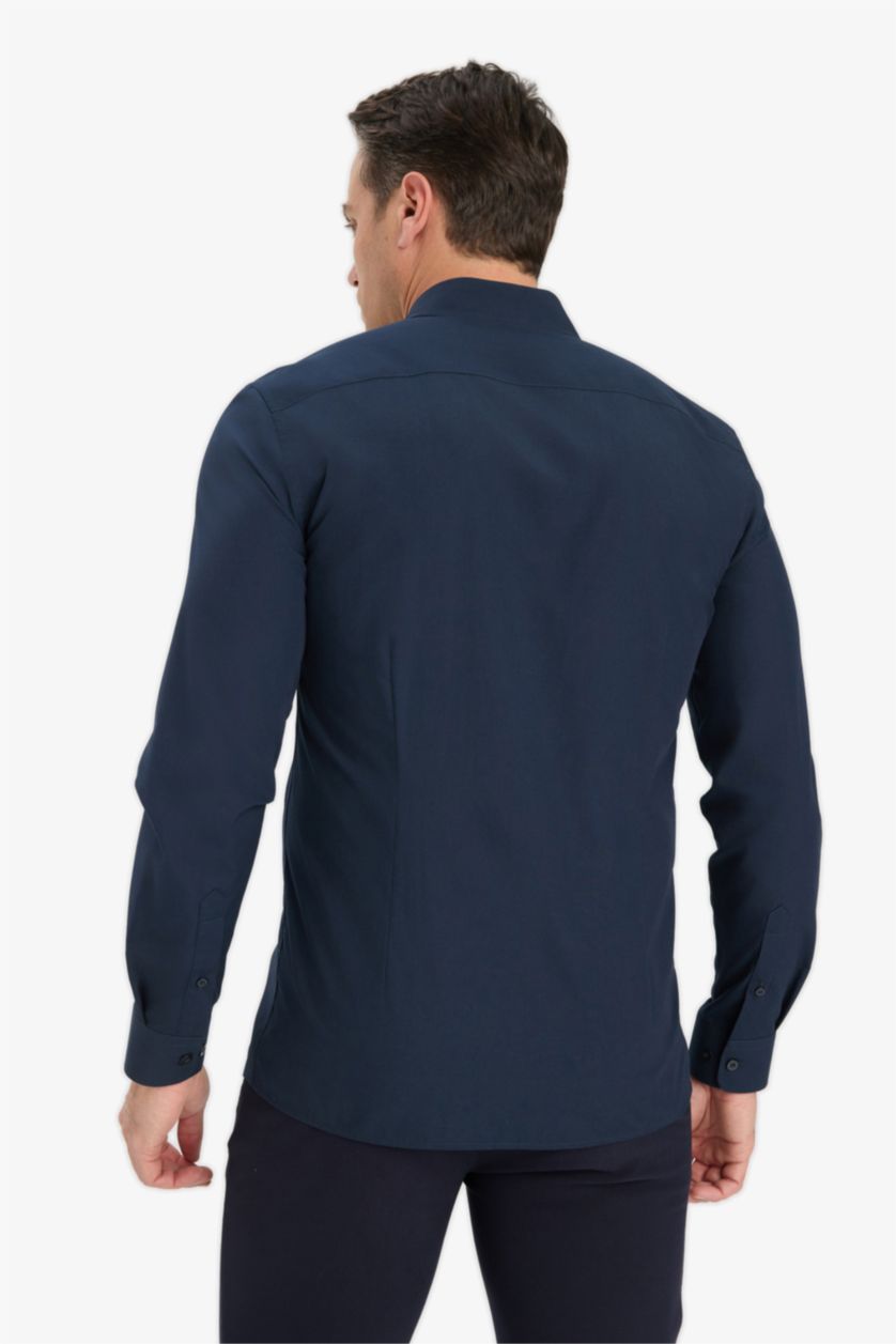 Мужчины Синий Рубашка slim fit с длинными узкими рукавами и поло-воротником из поплина