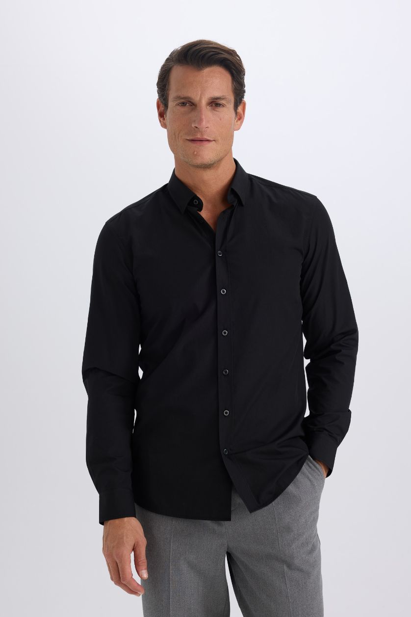 MAN Black Slim Fit Polo Collar Poplin Long Sleeve Shirt