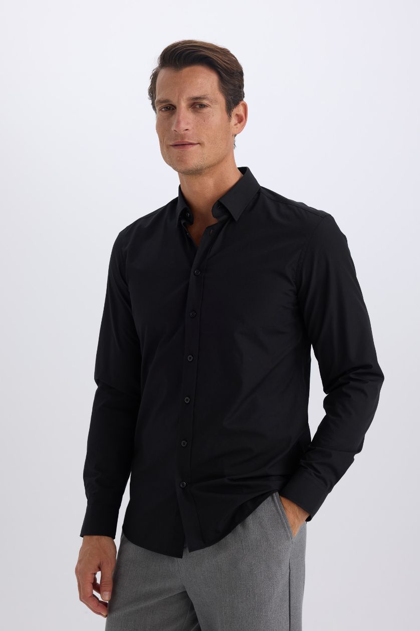 MAN Black Slim Fit Polo Collar Poplin Long Sleeve Shirt