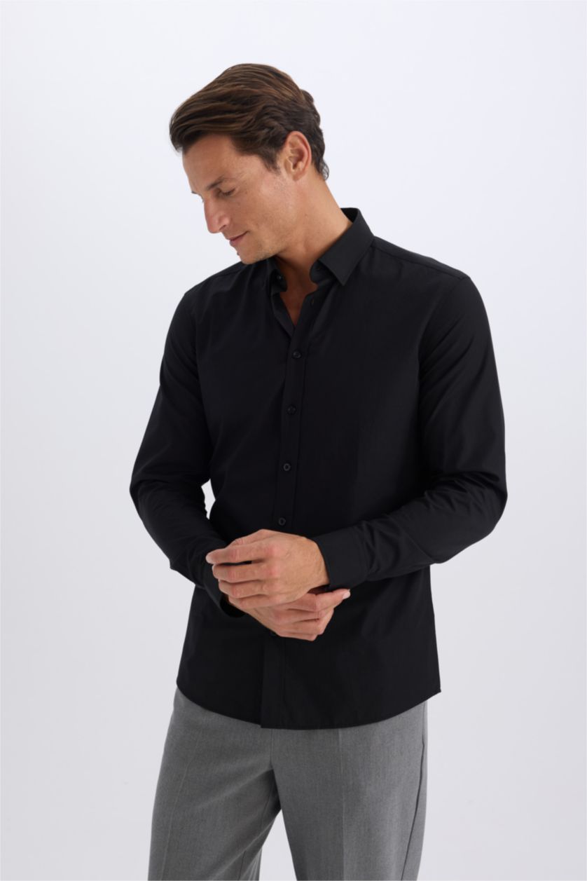MAN Black Slim Fit Polo Collar Poplin Long Sleeve Shirt