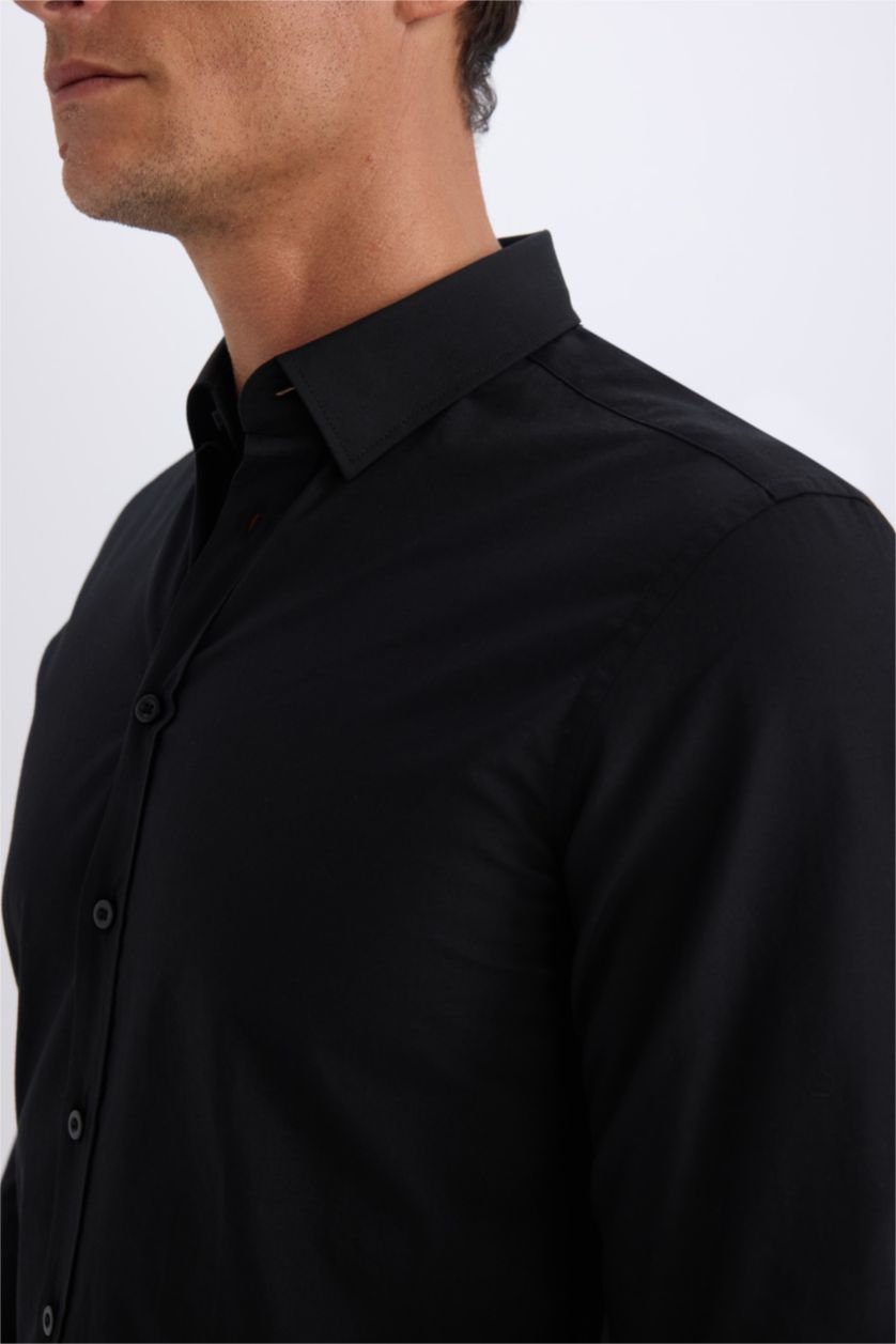 MAN Black Slim Fit Polo Collar Poplin Long Sleeve Shirt