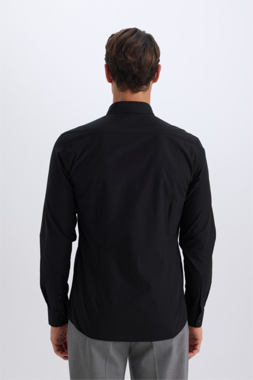 MAN Black Slim Fit Polo Collar Poplin Long Sleeve Shirt