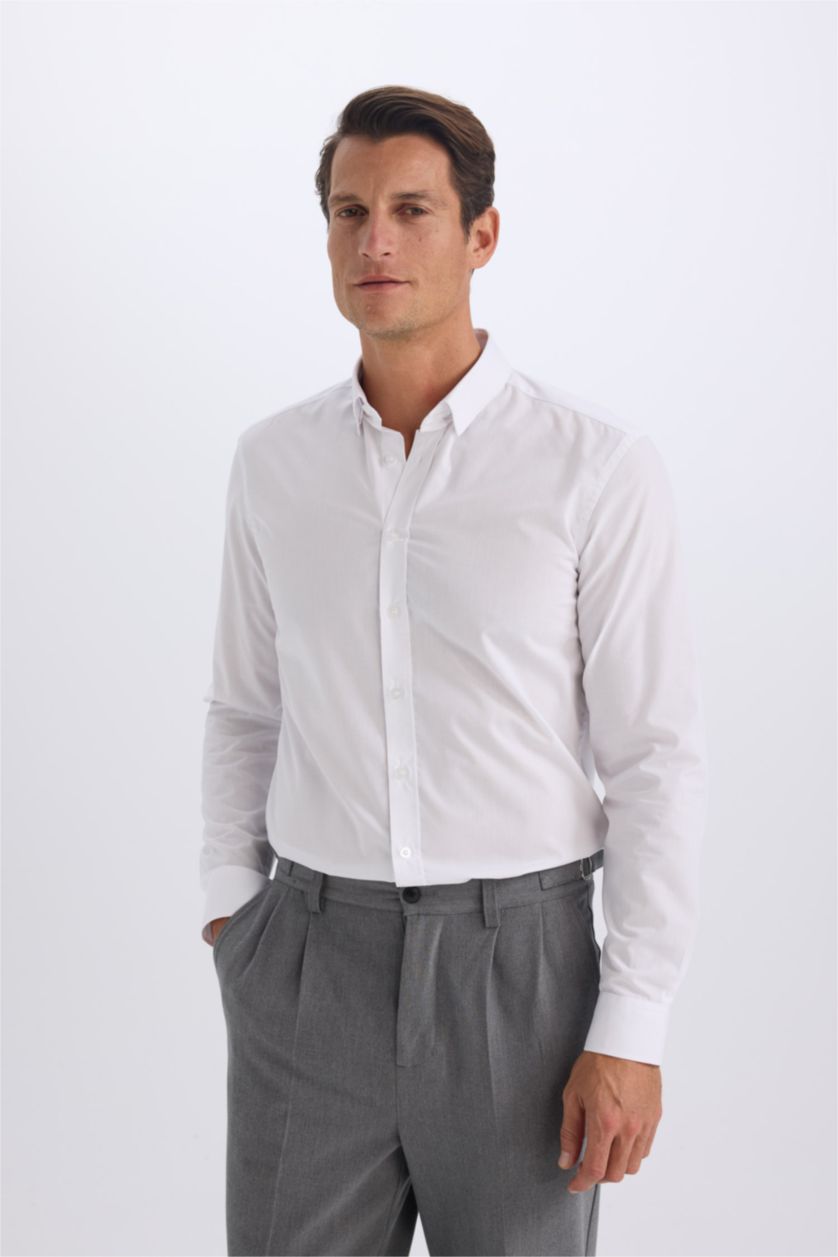 MAN White Slim Fit Polo Collar Poplin Long Sleeve Shirt