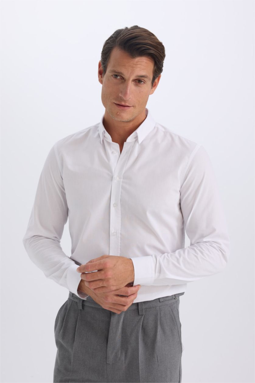 MAN White Slim Fit Polo Collar Poplin Long Sleeve Shirt