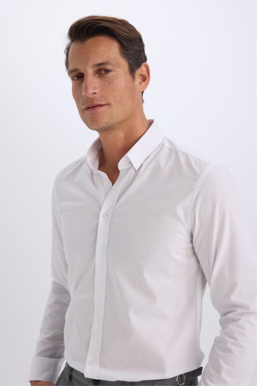 MAN White Slim Fit Polo Collar Poplin Long Sleeve Shirt