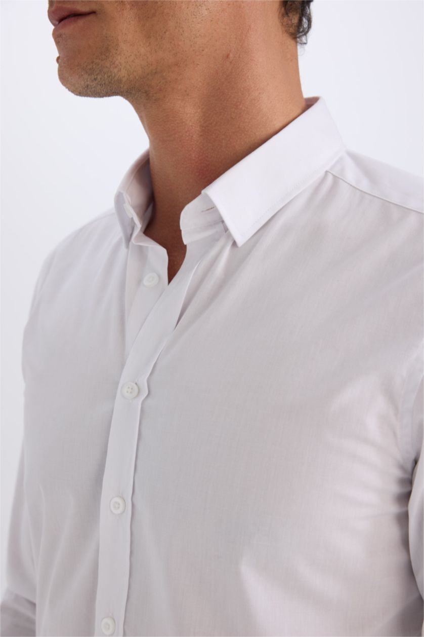 MAN White Slim Fit Polo Collar Poplin Long Sleeve Shirt