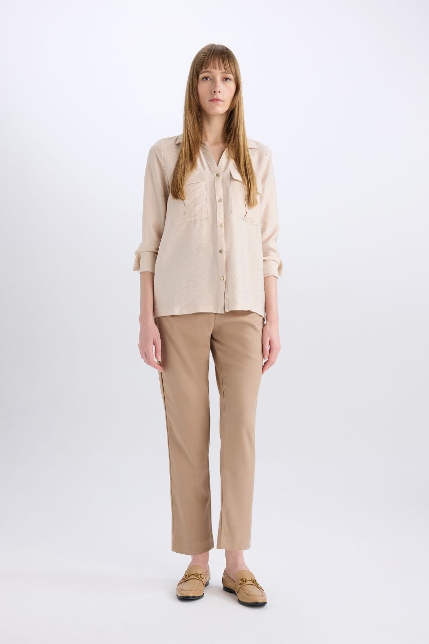Kadın Bej Oversize Geniş Kalıp Basic Düz Çift Cepli Uzun Kollu Viskon Gömlek