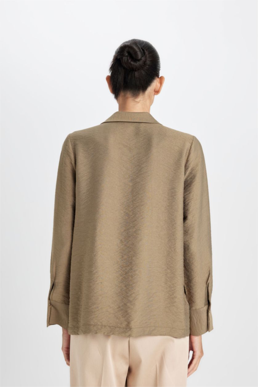 Kadın Açık Haki Oversize Geniş Kalıp Basic Düz Çift Cepli Uzun Kollu Viskon Gömlek