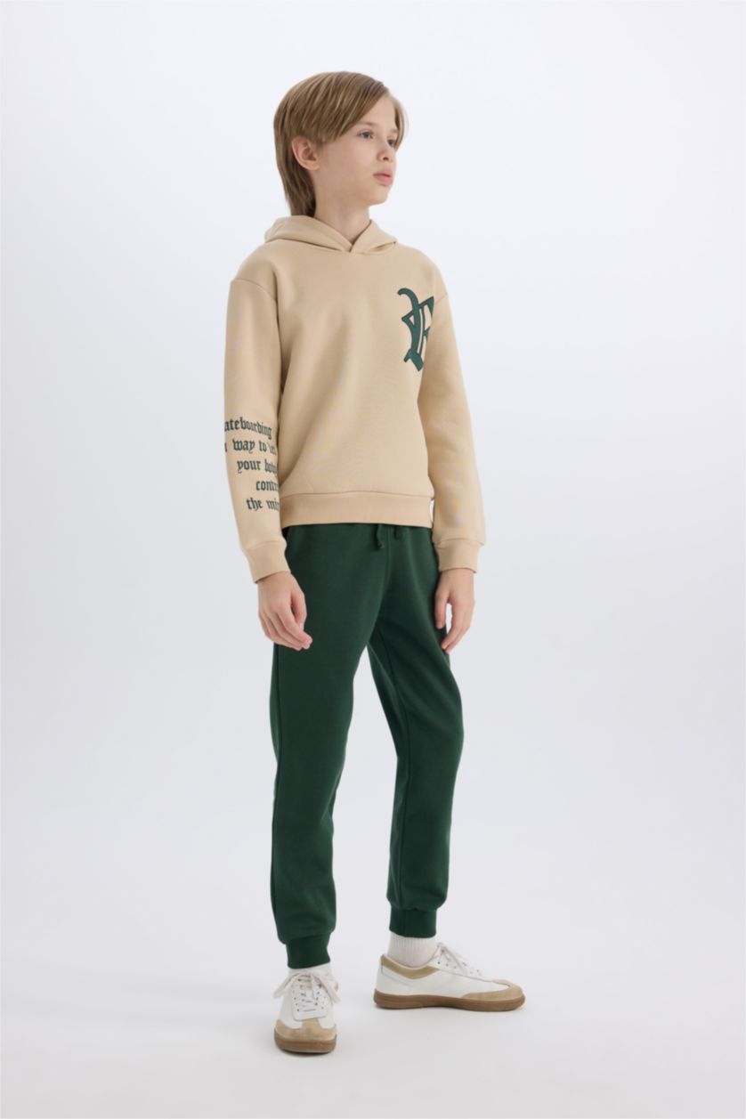 Erkek Çocuk - Genç Erkek Bej Erkek Çocuk 2'li Takım Kapüşonlu Baskılı Sweatshirt Eşofman Altı