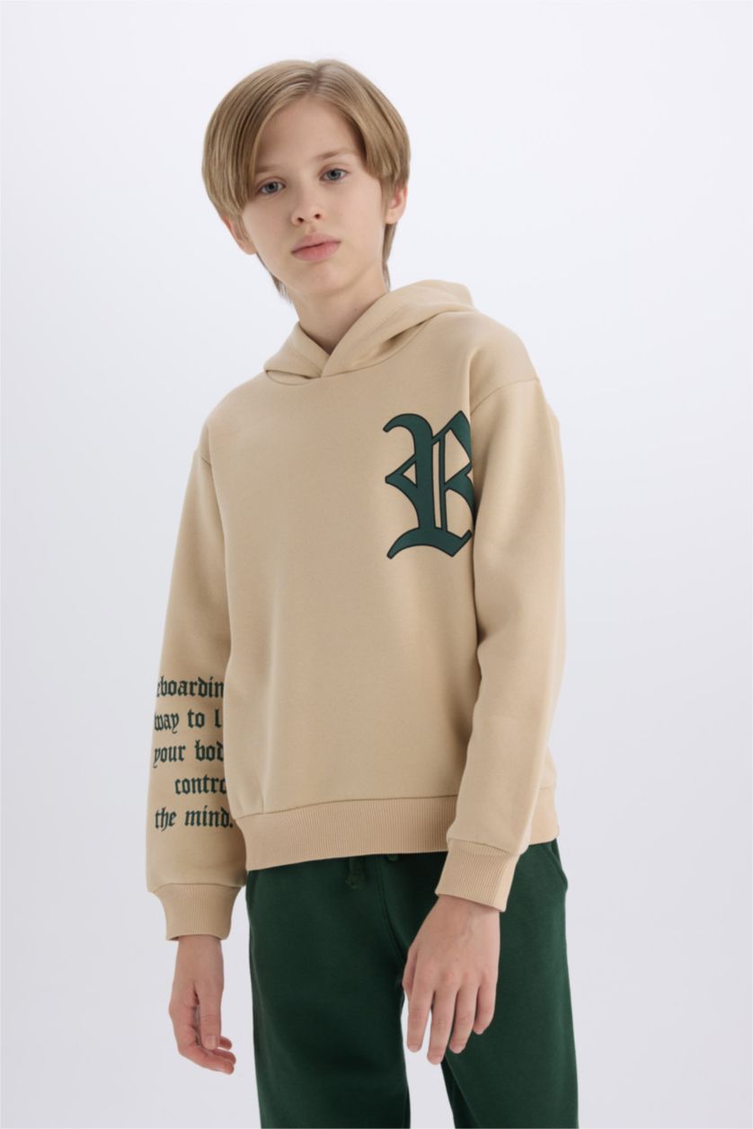 Erkek Çocuk - Genç Erkek Bej Erkek Çocuk 2'li Takım Kapüşonlu Baskılı Sweatshirt Eşofman Altı