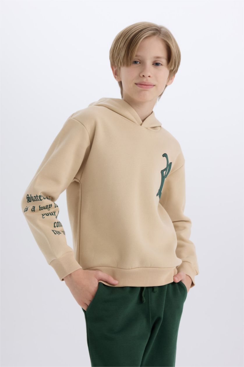 Erkek Çocuk - Genç Erkek Bej Erkek Çocuk 2'li Takım Kapüşonlu Baskılı Sweatshirt Eşofman Altı