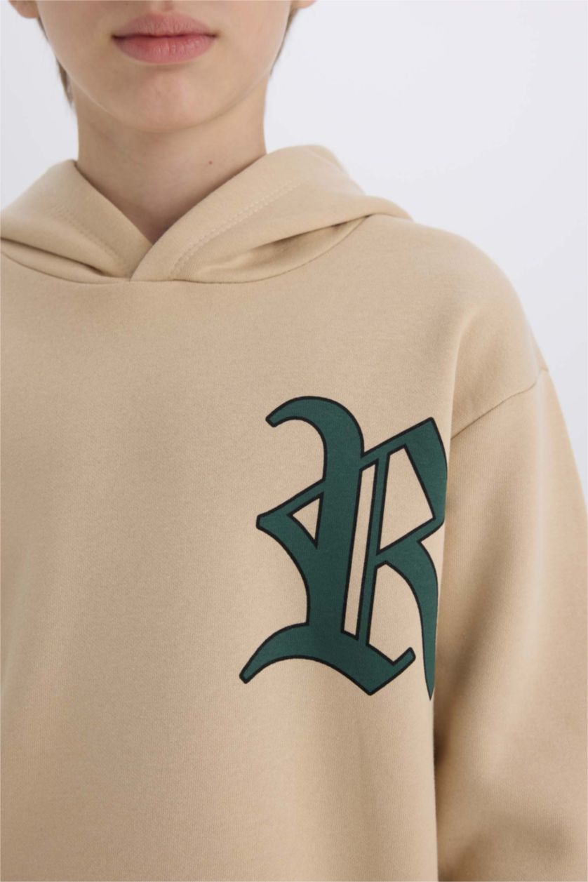 Erkek Çocuk - Genç Erkek Bej Erkek Çocuk 2'li Takım Kapüşonlu Baskılı Sweatshirt Eşofman Altı