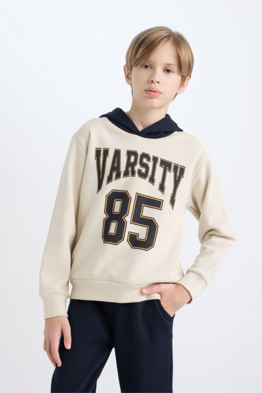 Erkek Çocuk - Genç Erkek Ekru Erkek Çocuk 2'li Takım Baskılı Kapüşonlu Sweatshirt Eşofman Altı