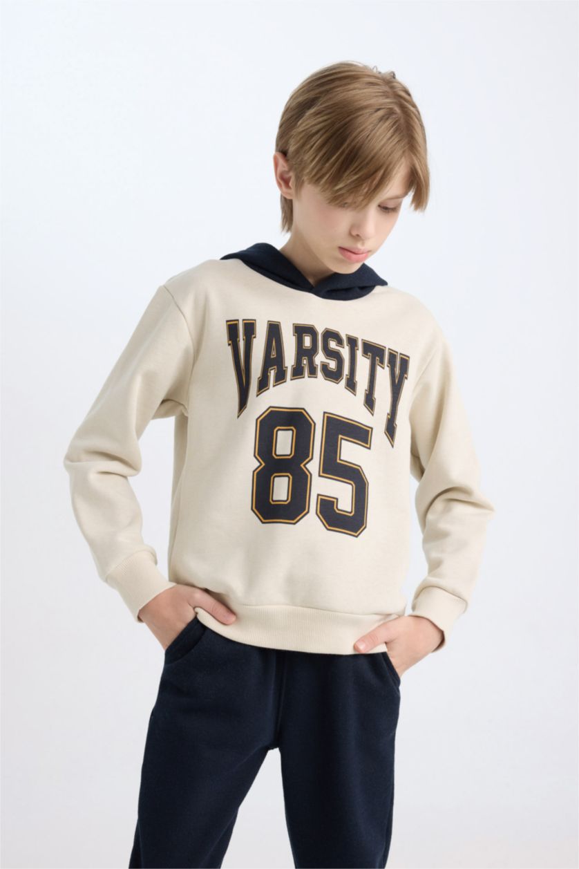 Erkek Çocuk - Genç Erkek Ekru Erkek Çocuk 2'li Takım Baskılı Kapüşonlu Sweatshirt Eşofman Altı