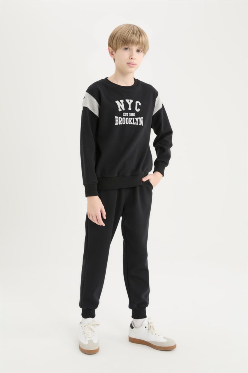 Erkek Çocuk - Genç Erkek Siyah Erkek Çocuk 2'li Takım Baskılı Sweatshirt Eşofman Altı