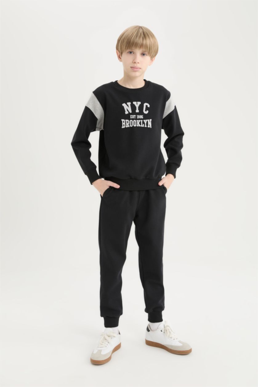 Erkek Çocuk - Genç Erkek Siyah Erkek Çocuk 2'li Takım Baskılı Sweatshirt Eşofman Altı