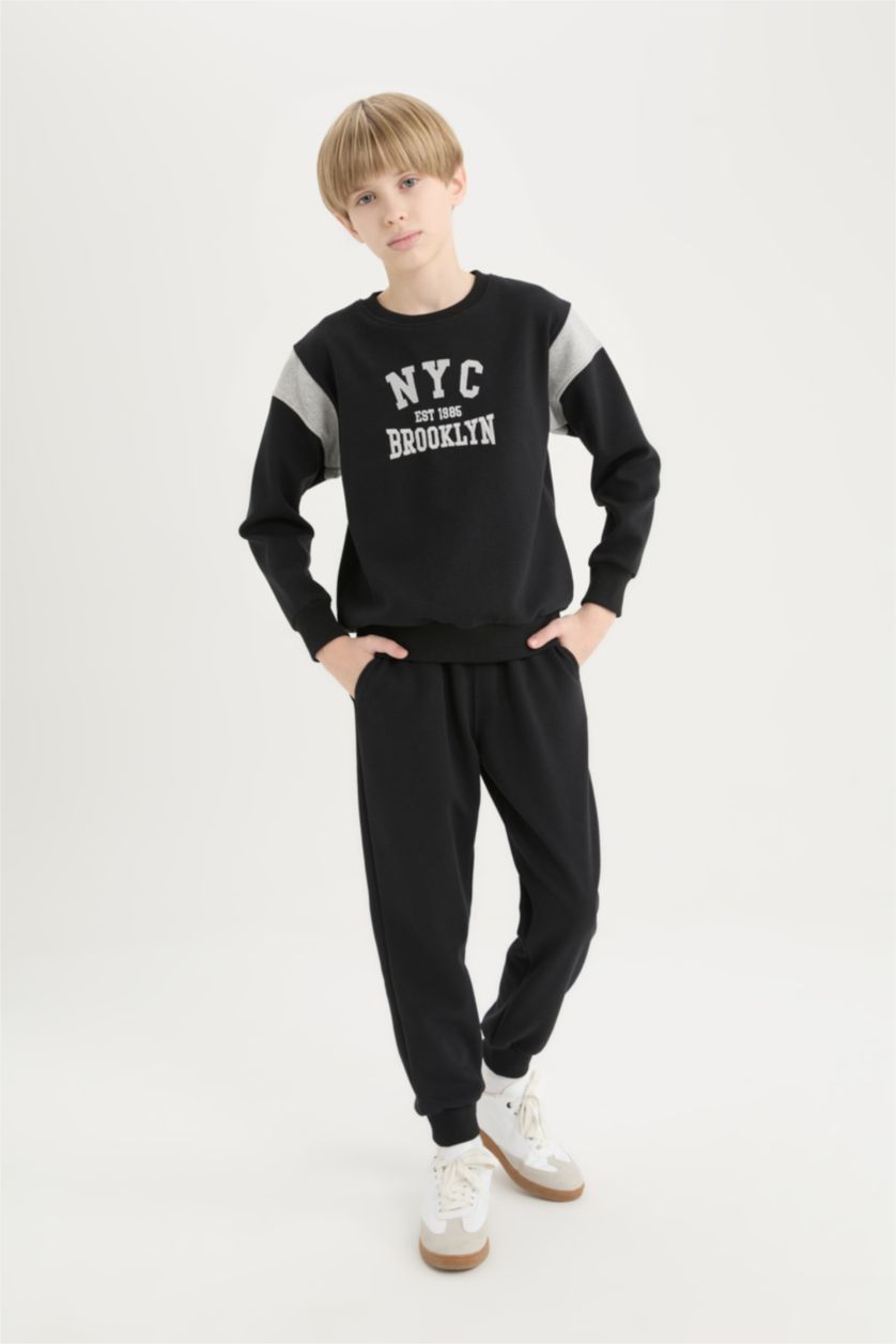 Erkek Çocuk - Genç Erkek Siyah Erkek Çocuk 2'li Takım Baskılı Sweatshirt Eşofman Altı