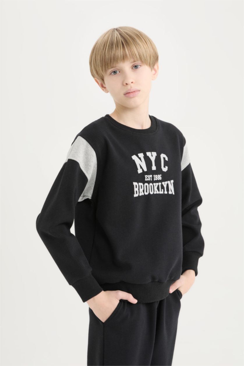 Erkek Çocuk - Genç Erkek Siyah Erkek Çocuk 2'li Takım Baskılı Sweatshirt Eşofman Altı