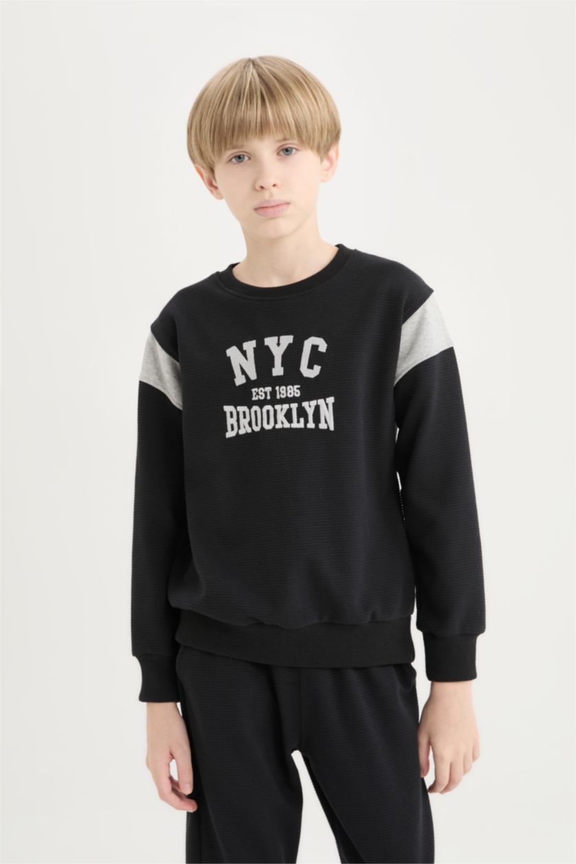 Erkek Çocuk - Genç Erkek Siyah Erkek Çocuk 2'li Takım Baskılı Sweatshirt Eşofman Altı