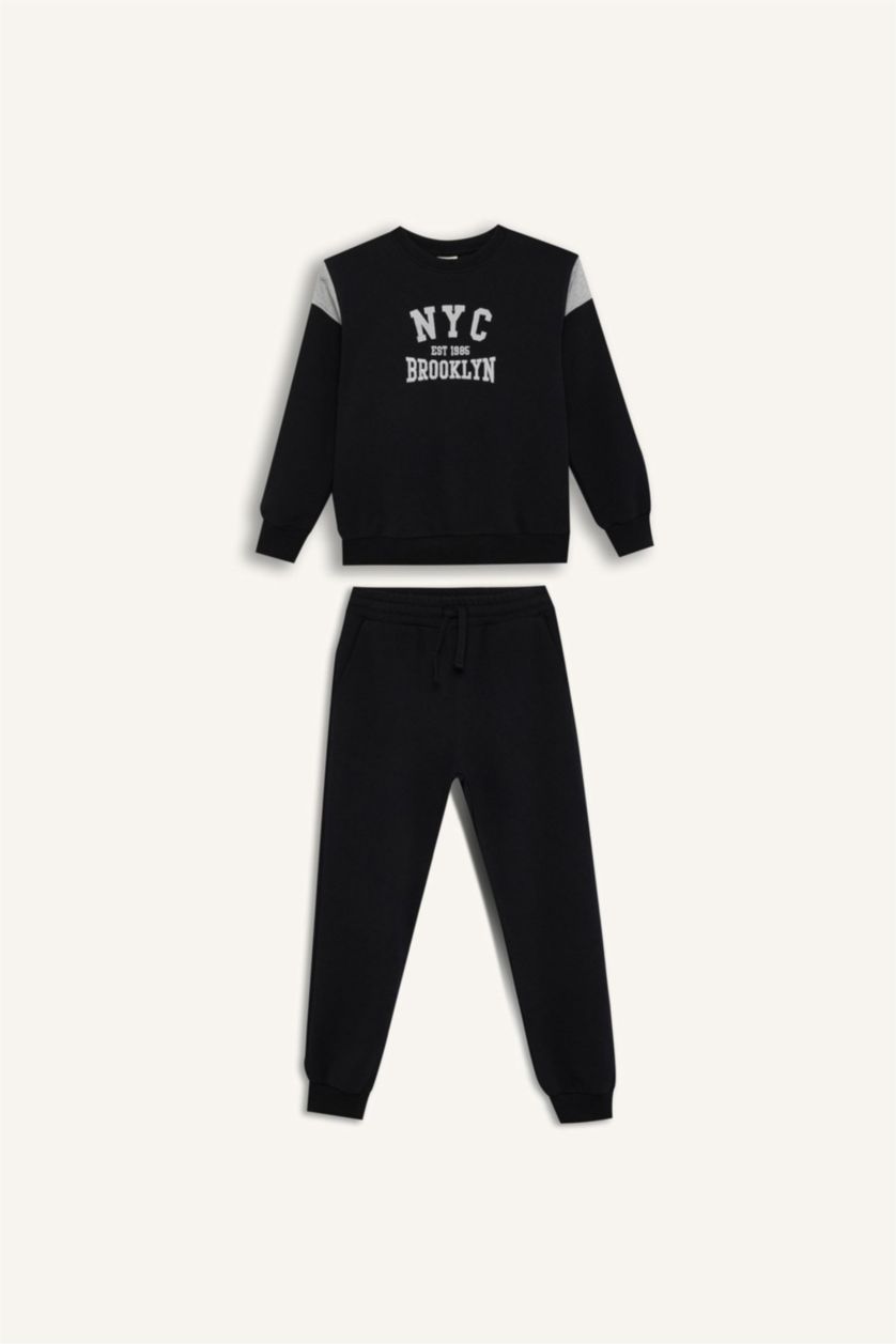 Erkek Çocuk - Genç Erkek Siyah Erkek Çocuk 2'li Takım Baskılı Sweatshirt Eşofman Altı