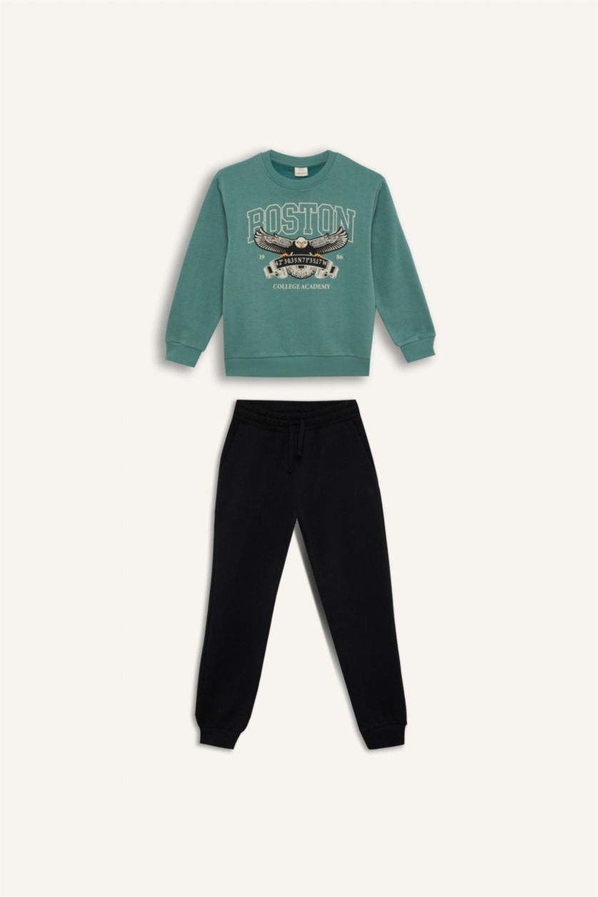 BOYS & TEENS Green Boy Printed Thick Sweatshirt Sweatpants 2 Piece Set