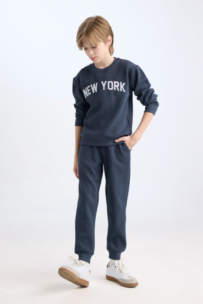 Erkek Çocuk - Genç Erkek Lacivert Melanj Erkek Çocuk 2'li Takım Baskılı Sweatshirt Beli Lastikli Eşofman Altı