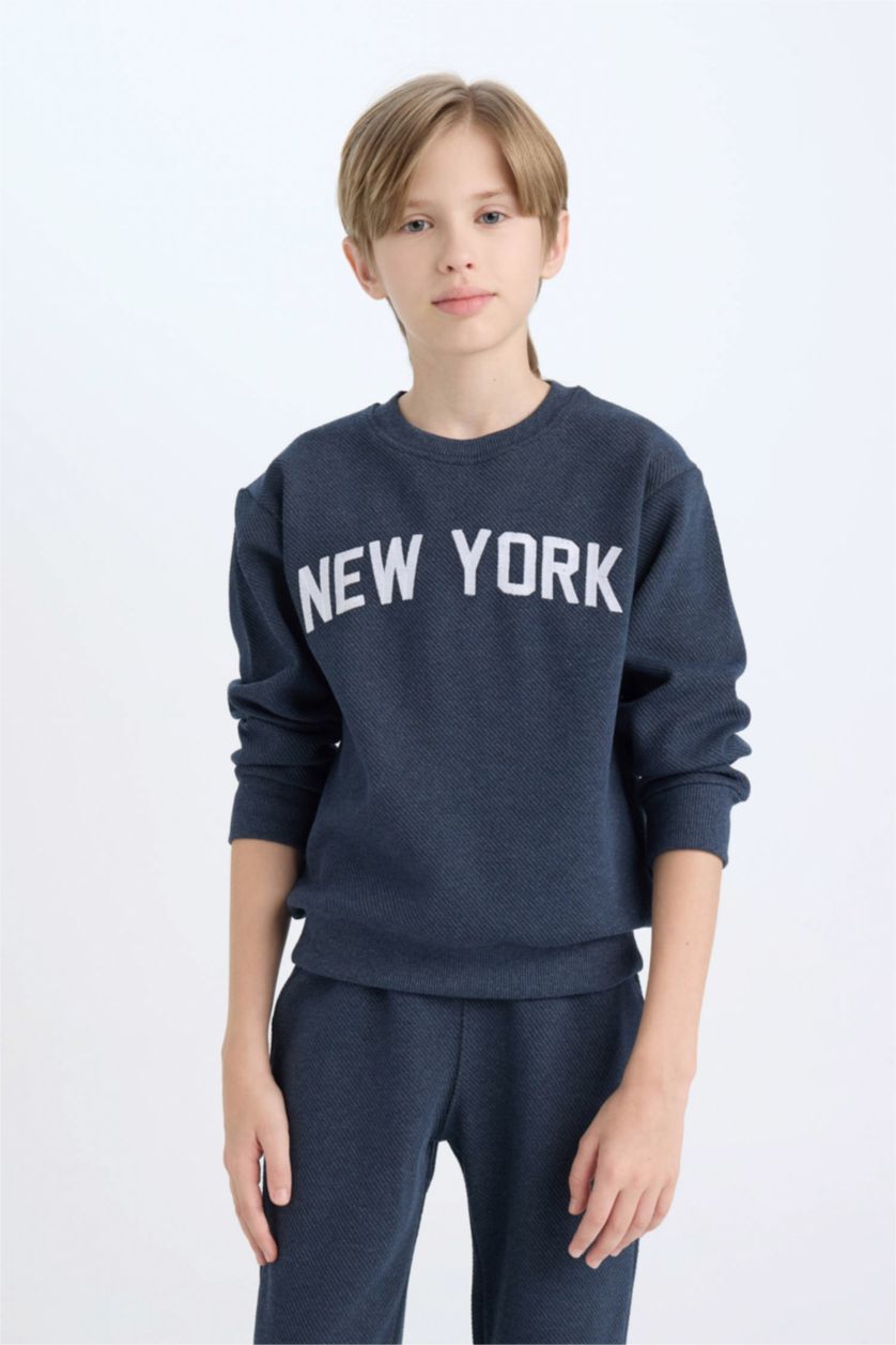 Erkek Çocuk - Genç Erkek Lacivert Melanj Erkek Çocuk 2'li Takım Baskılı Sweatshirt Beli Lastikli Eşofman Altı