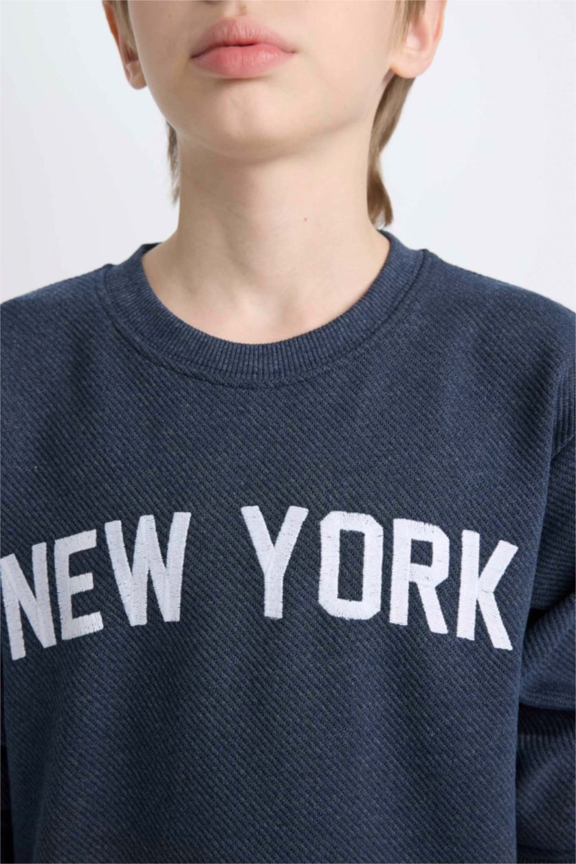 Erkek Çocuk - Genç Erkek Lacivert Melanj Erkek Çocuk 2'li Takım Baskılı Sweatshirt Beli Lastikli Eşofman Altı